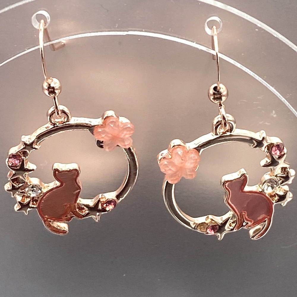 Rose gold cat and flower earrings hoops